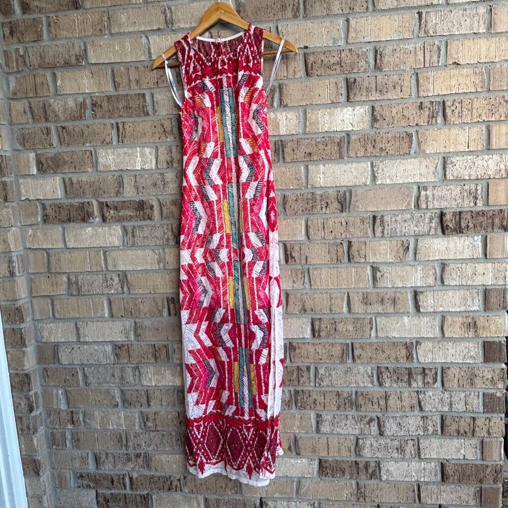 Lace Maxi Dress Red White Multicolor Sleeveless Size 1/2 - Picture 1 of 9